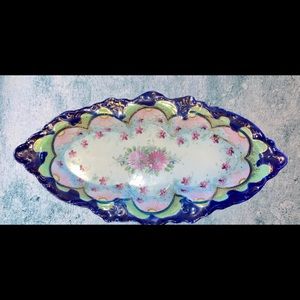 Beautiful hand painted vintage dish Blue trim, raised gold dotting Bohemian